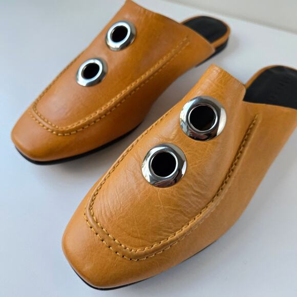 Freda Salvador NEW Ono Gingham Bow Tie Grommet Yellow Leather Mule Flats Size 7 - Picture 2 of 16